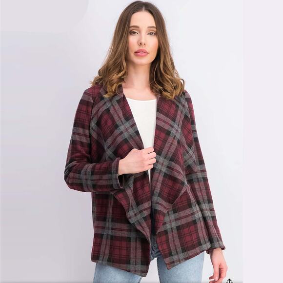 BB Dakota Checkered Cardigan in Burgundy Combo Size Medium - Picture 1 of 6